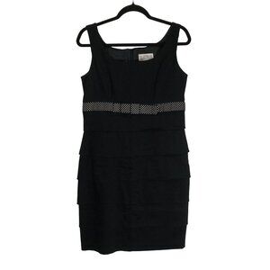 Julian Taylor Black Sleeveless Tiered Sheath Dress Sz 10 Polka Dot Waist Accent